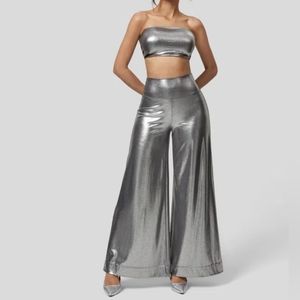 HALARA Cloudful Shine Fabric Silver High Waist Wide Leg Metallic Pants H…